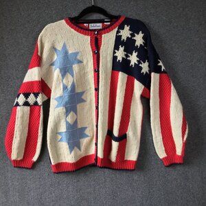 Vintage Belle Pointe Hand Knit Stars & Stripes Patchwork Cardigan Sweater Sz L